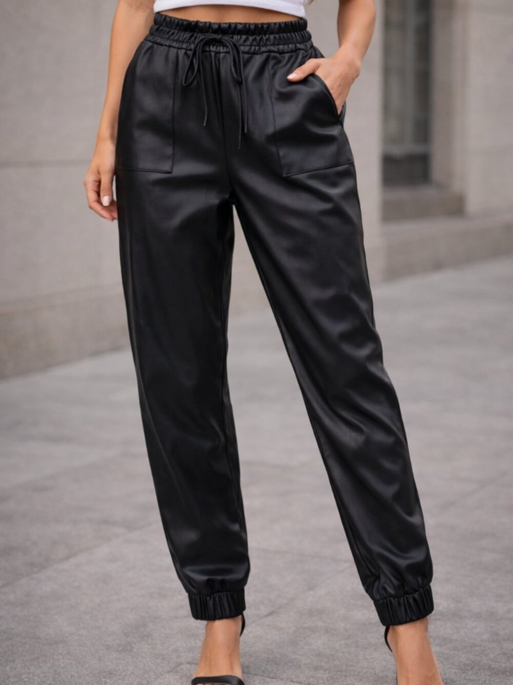 Ci Sono Black Leather-Look Elastic Waist Pant, Sz L, patch pockets, vegan
